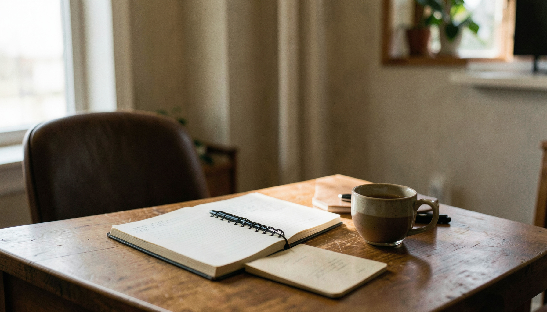 A warmly lit consultation room with a wooden desk, an open notebook, and a cup of herbal tea, conveying calm and focused one-on-one support.
