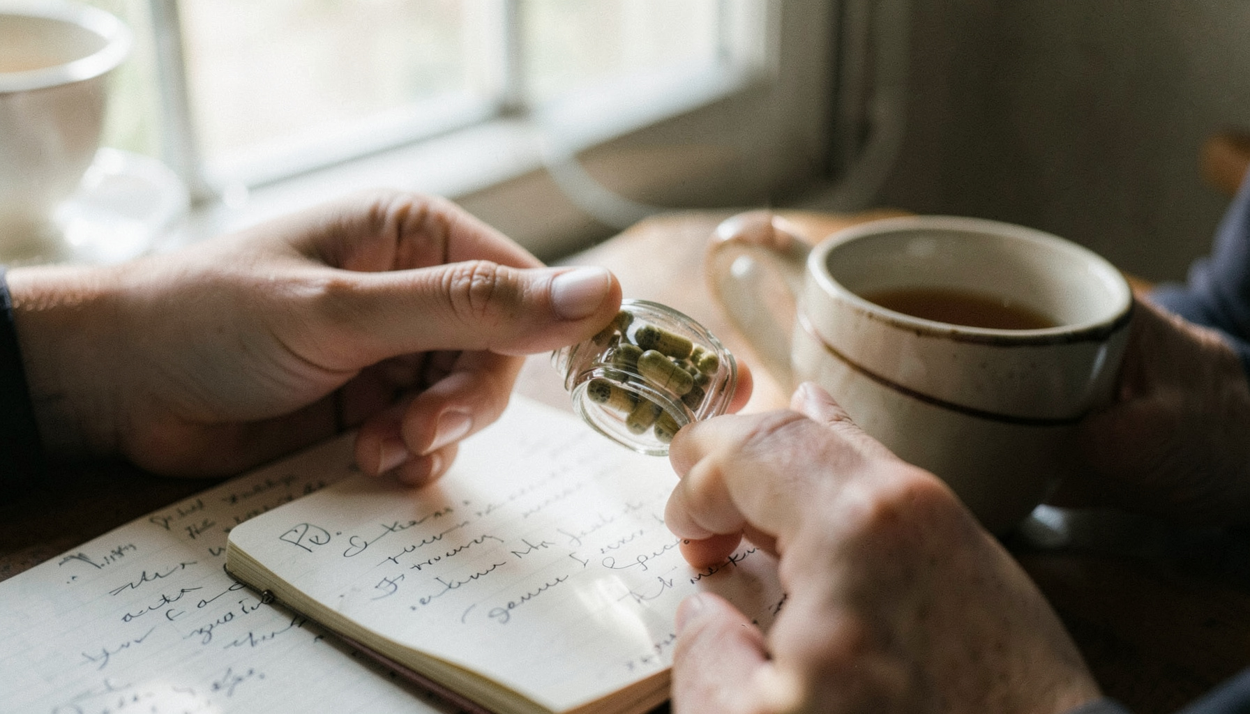A close-up of a person's hands holding a small glass jar of herbal capsules beside a handwritten notebook and a cup of tea, with soft natural light from a window.