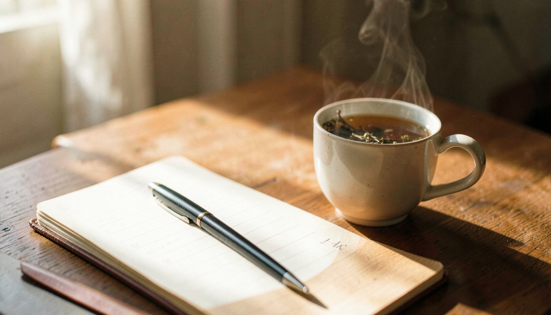A warmly lit desk with a notebook, pen, and a steaming cup of herbal tea, soft natural light falling across the scene in calming earth tones.