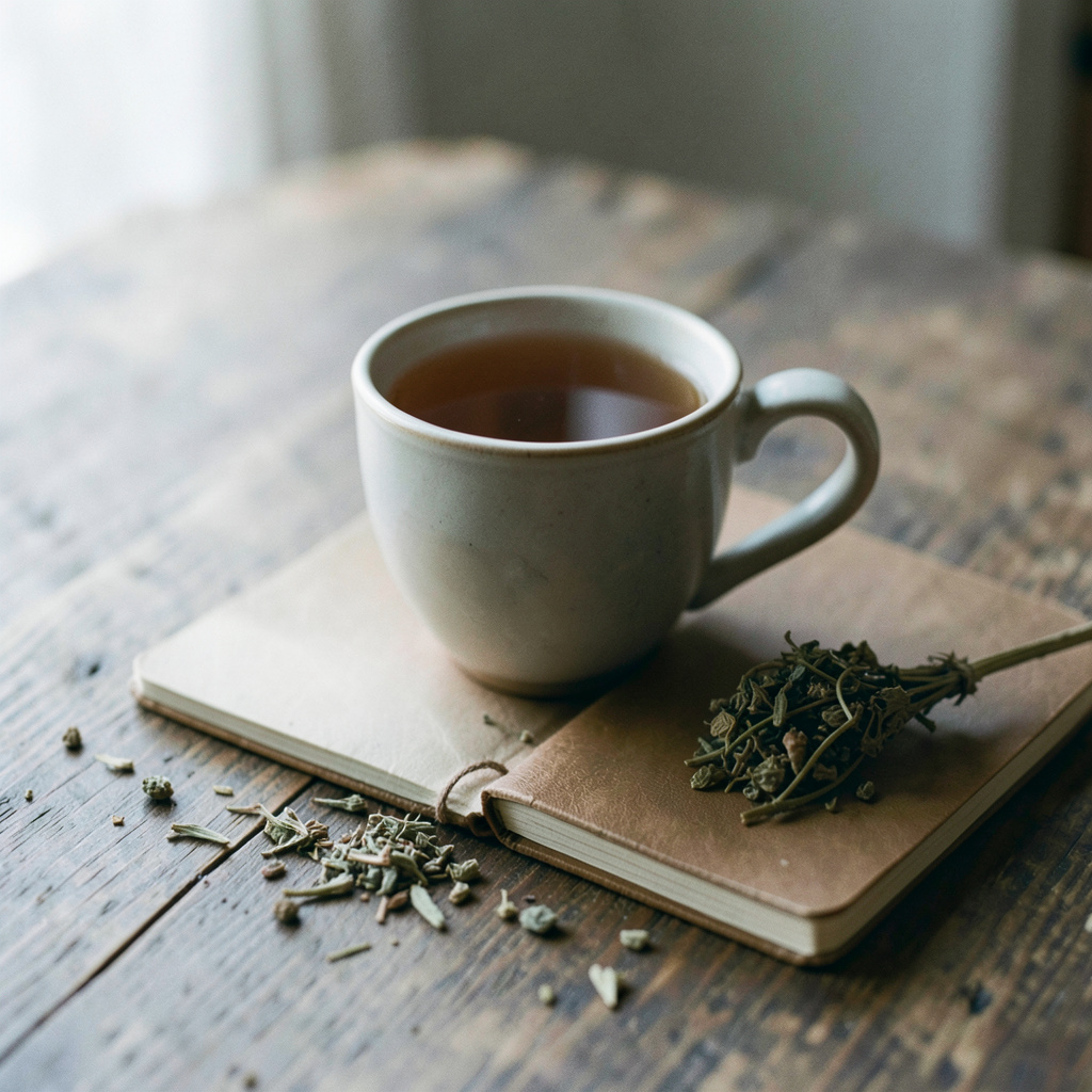 A calm still-life style photograph of a warm cup of tea, a small notebook, and dried herbs arranged on a wooden table, lit softly in muted gray and warm brown tones, conveying a quiet, restorative mood