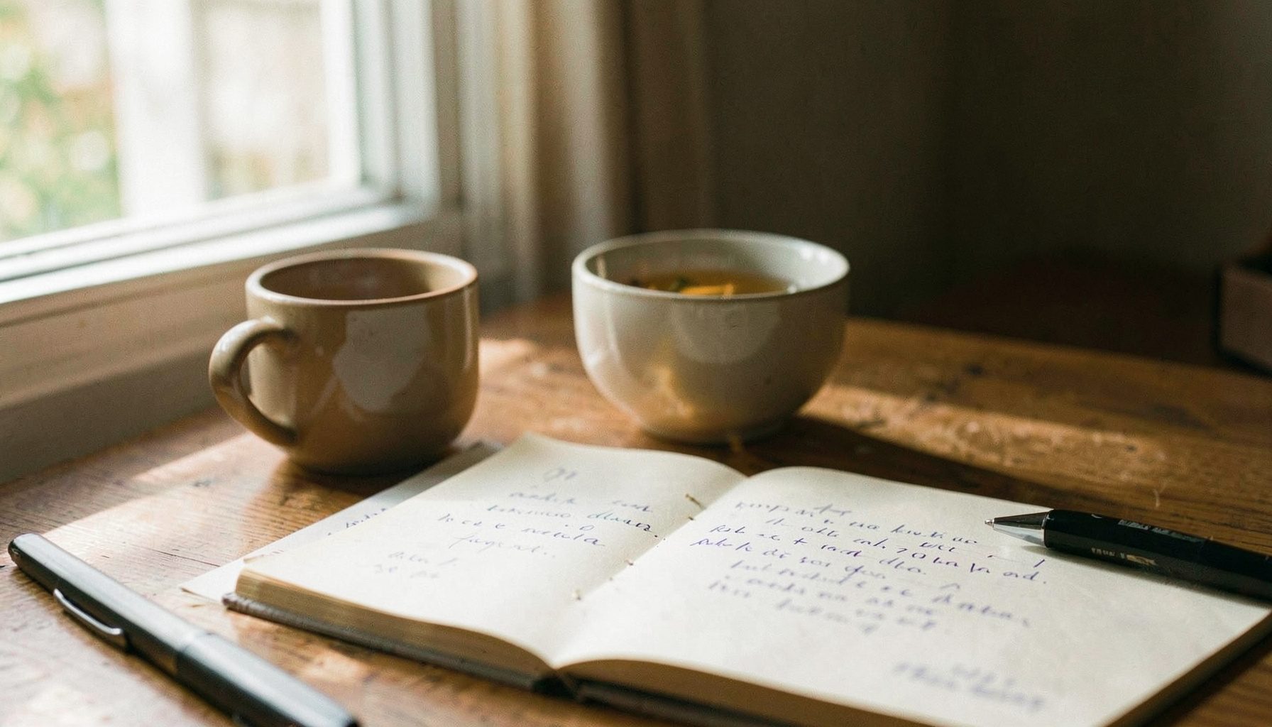 A warm, softly lit desk scene with an open notebook, a cup of herbal tea, and a pen resting on handwritten notes. The mood is calm and reflective, with natural daylight streaming through a nearby window.