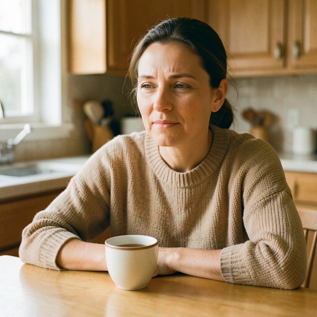 A close-up documentary-style photo of a woman with a thoughtful, content expression, seated at a kitchen table with a cup of tea. Warm amber and cream tones dominate, suggesting comfort and reflection.