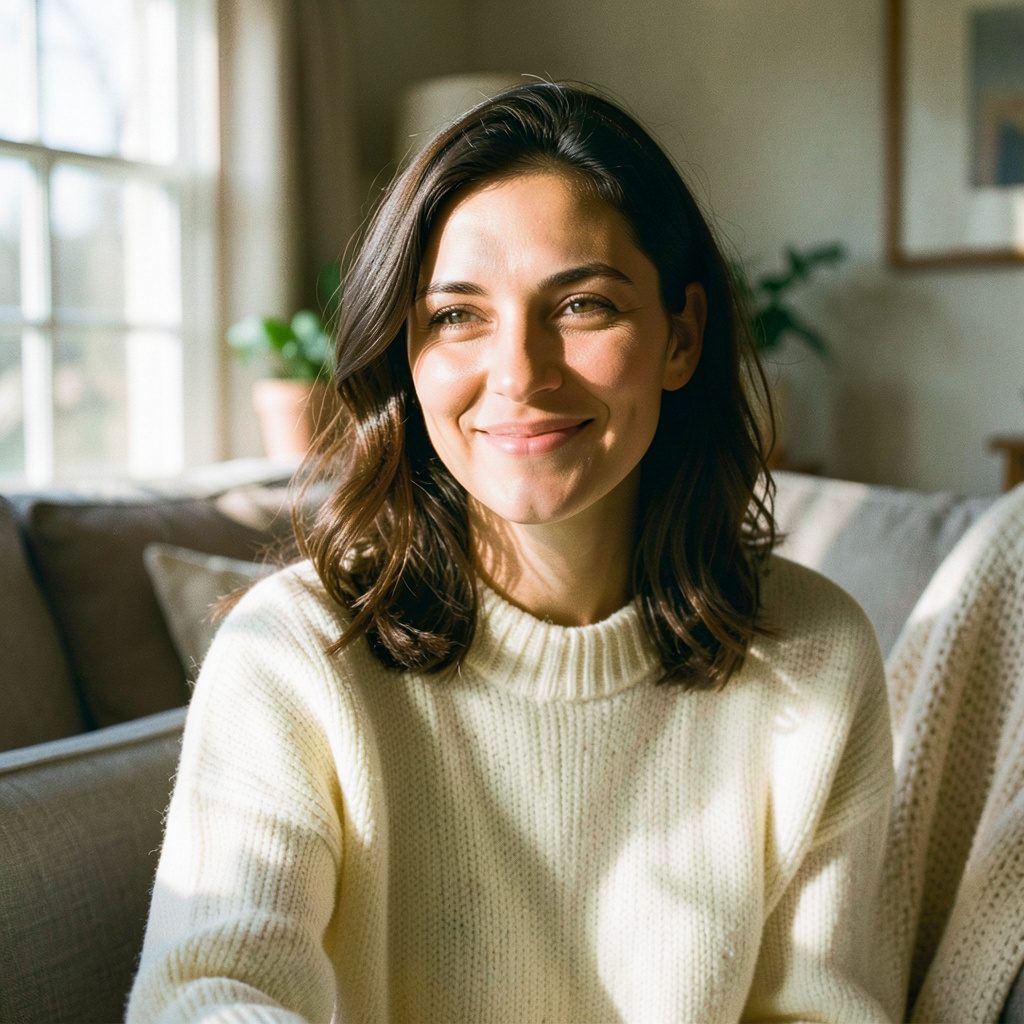 A warm, softly lit portrait of a woman smiling gently in a cozy living room, wearing a cream-colored sweater, with natural window light falling across her face. The mood is calm and hopeful.