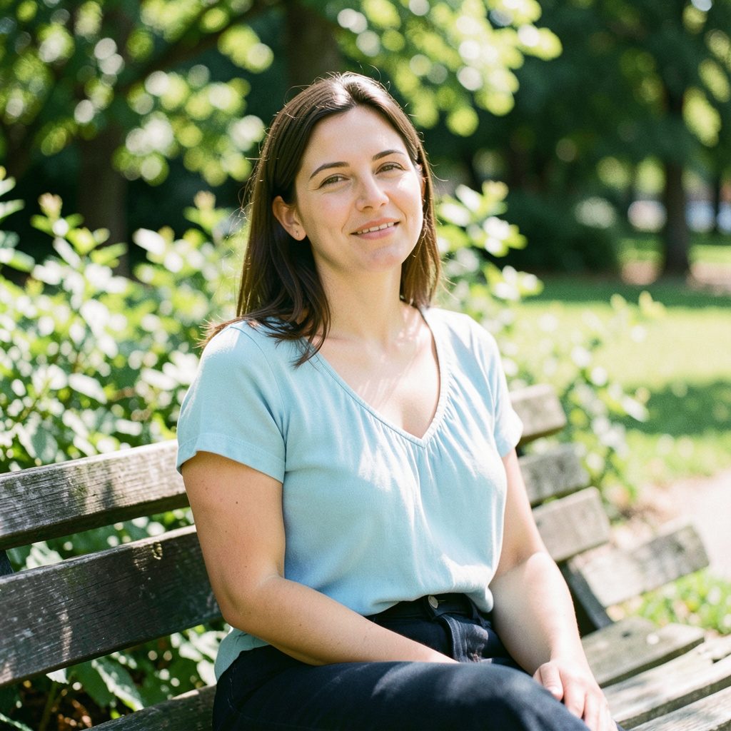 A candid photograph of a woman sitting on a park bench on a sunny afternoon, looking relaxed and at ease, wearing a light blue top. The background is soft green foliage, conveying peace and renewal.